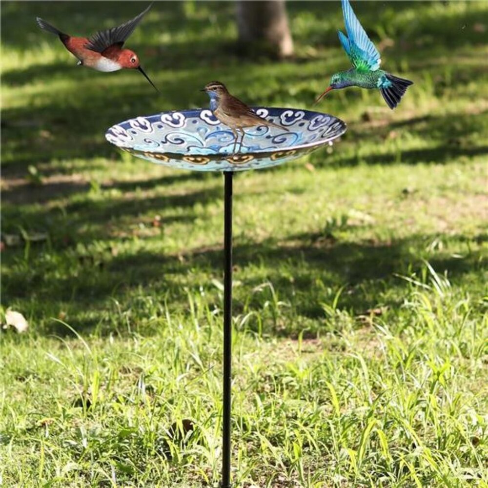 Glass Bird Baths, Garden Outdoor Birdbaths Birdfeeder with Metal Stake - Picture 4 of 8